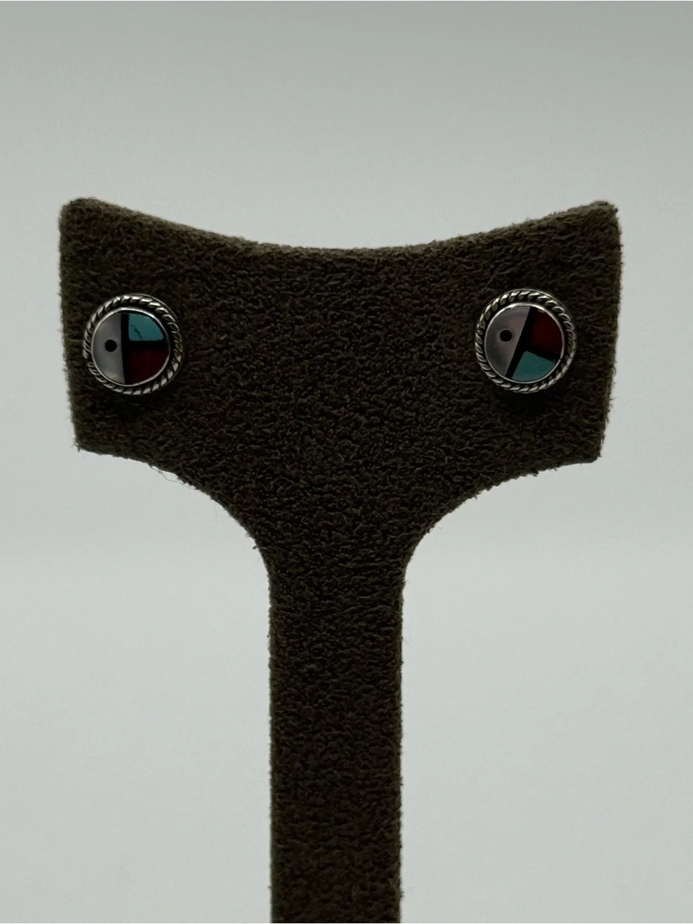 Zuni Inlay Turquoise and Red Circle Stud Earrings - Women Jewelry